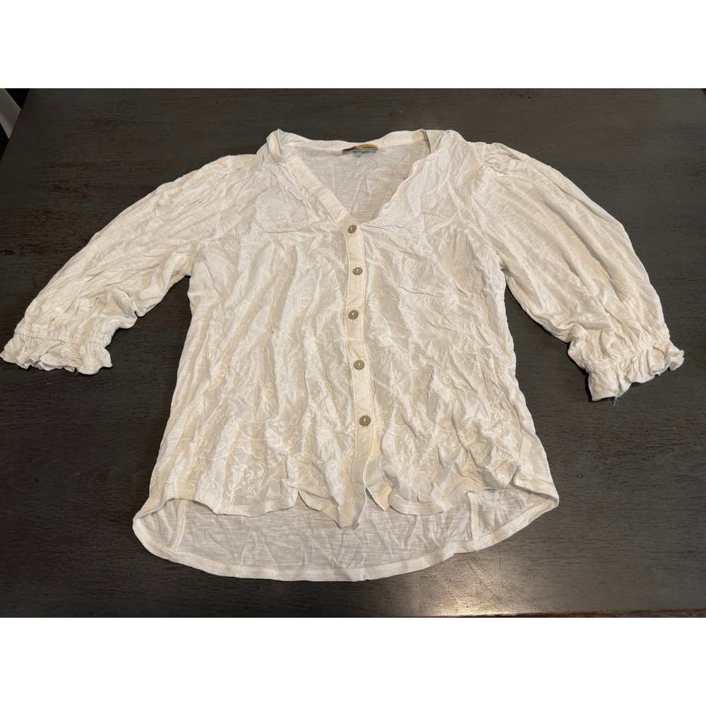 Democracy Womens White Embroidered Button Front Blouse 3/4 Puff Sleeve Small